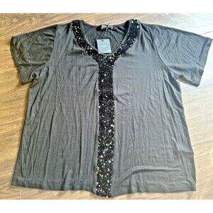 Coin 1804 Women's Plus Size Short Sleeve V Neck Sequined Trim Top Black 2X